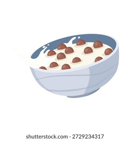 Ilustración vectorial de bolitas de cereal de chocolate crujientes en un tazón con leche, salpicar. Comida dulce del desayuno de los niños, aislada en el fondo blanco
