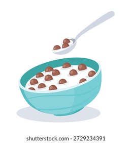 Ilustración vectorial de bolitas de cereal de chocolate crujientes en un tazón con leche y una cuchara sobre el tazón. Comida dulce del desayuno de los niños, aislada en el fondo blanco