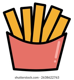Vector illustration of crispy French fries in a red pack. Flat cartoon design perfect for fast food menus, delivery apps, and branding.