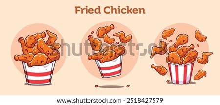 Vector illustration of crispy fried chickens floating in the air, on a red and white striped paper bag