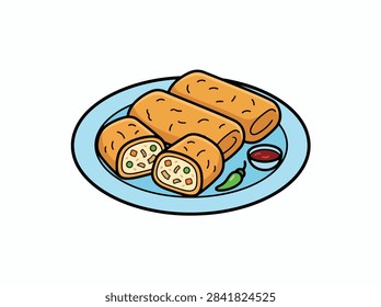 A vector illustration of crispy fried spring rolls served on a blue plate with a small bowl of dipping sauce and a green chili pepper.