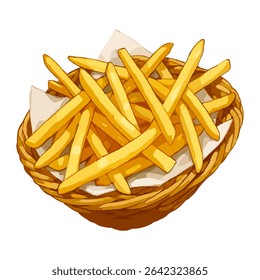 Vector illustration of crispy golden French fries served in a wicker basket with paper lining. Great for fast food menus, snack ads, cafe graphics, and food packaging.”
