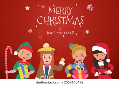 Vector Illustration of Cristmas Card with Cute Happy Kids, Holiday Cartoon Characters on Red Background