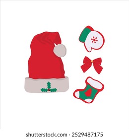 Vector illustration of cristmas elements. Set of Christmas symbols. Colorful christmas icons isolated on white background. Traditional Xmas attributes, hats, costume, snow, socks gift.