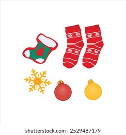 Vector illustration of cristmas elements. Set of Christmas symbols. Colorful christmas icons isolated on white background. Traditional Xmas attributes, hats, costume, snow, socks gift.