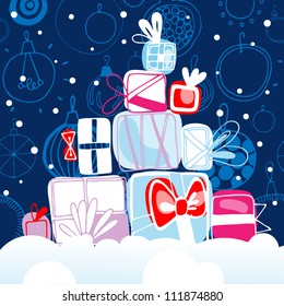 Vector illustration with Cristmas gifts on the snow