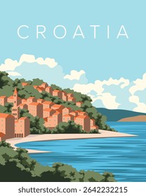 Vector illustration. Croatia tourist postcard, poster, banner. Modern design. Sea, city, nature. Vertical poster.