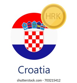 Vector illustration Croatian round flag and currency symbols HRK. Croatian Kuna. Croatia