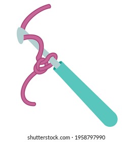 Vector illustration of a crochet hook with thread. The isolated image on a white background. Simple flat icon drawn by hand