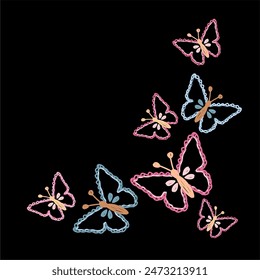 vector illustration in crochet lines of butterflies in colors pink, blue yellow and black background