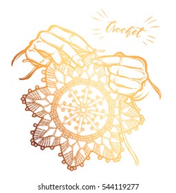 Vector illustration crochet napkins. Handmade, prints on T-shirts, tattoos,Golden color