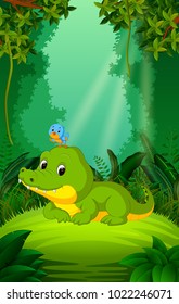 vector illustration of crocodile and bird in the clear and green forest