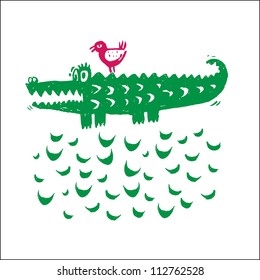 Vector illustration with crocodile, bird and water