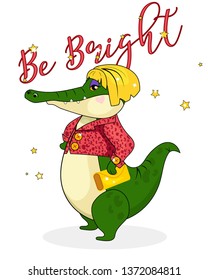 Vector illustration of crocodile character. Cartoon illustration of crocodile. Illustration for print. Isolated illustration on white background. Bodypositive. Curvy girl.    