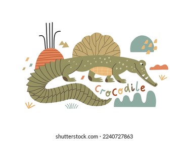 Vector illustration with a crocodile. Children's safari print in hand drawn style.