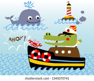 Vector illustration of crocodile with crab on boat, smiling whale and lighthouse