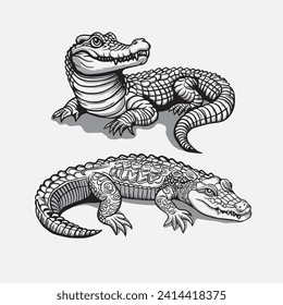 vector illustration of a crocodile in a hand-drawn style with a black and white outline