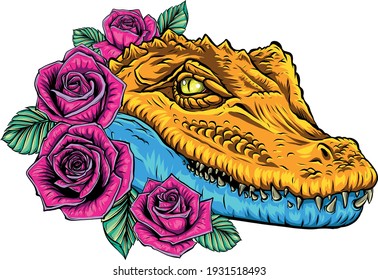 Vector illustration of crocodile head with roses