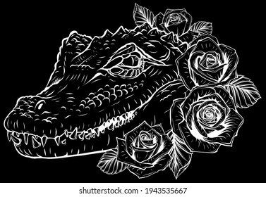 Vector illustration of crocodile head with roses