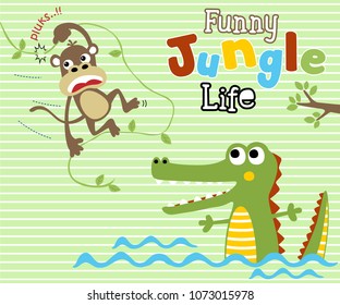 Vector illustration of crocodile on water, monkey hang on broken vines