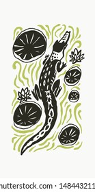 Vector Illustration With Crocodile On Water. Hand Drawn Sketch With Cayman On Natural Background In Linocut Style. Animal Of South America.