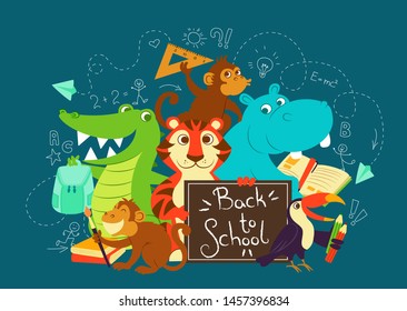 Vector illustration of  crocodile, tiger, hippopotamus, monkeys and toucan, that are happy to return to the school. Vector inspirational lettering. 