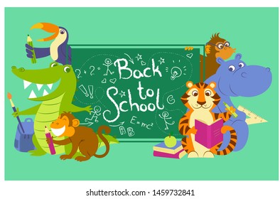 Vector illustration of  crocodile, tiger, hippopotamus, monkeys and toucan, that are happy to return to the school. Vector inspirational lettering. 
