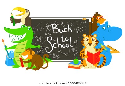 Vector illustration of  crocodile, tiger, hippopotamus, monkeys and toucan, that are standing next to school board. Vector inspirational lettering back to school. 
