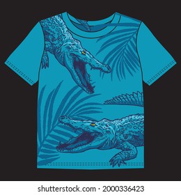 Vector illustration of crocodile and tropical leaf. For kids t-shirt.