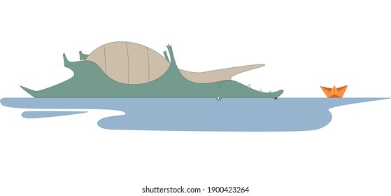 Vector illustration. Crocodile in the water. Big alligator in the swamp. Cute caimans head to the river basin. A wild African animal. Large reptiles. A huge African predator. Tropical aggressive anima