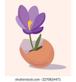 Vector illustration of a crocus growing in an eggshell. Pastel colors, lilac, yellow, beige. Pink Background. Easter. For postcards, invitations, children's magazines.