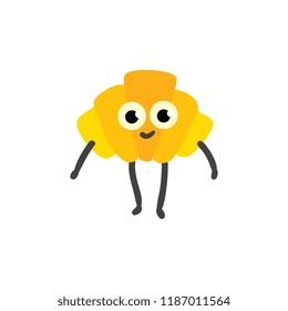 Vector illustration of croissant cartoon character with cute face in flat style - emoticon of puff crescent-shaped bread standing and smiling isolated on white background.