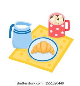 Vector illustration with croissant and cocoa with marshmallow isolated on white. Color illustration of bakery goods, warm drink and honey for poster label and menu bakery.
