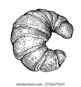 Ilustración vectorial de un Croissant. Boceto dibujado a mano de la Viennoiserie francesa en forma de media luna hecho de una masa de levadura laminada. Dulces pasteles de desayuno horneados. Elemento de diseño de menú de comida