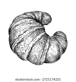 Ilustración vectorial de un Croissant. Boceto dibujado a mano de la Viennoiserie francesa en forma de media luna hecho de una masa de levadura laminada. Dulces pasteles de desayuno horneados. Elemento de diseño de menú de comida