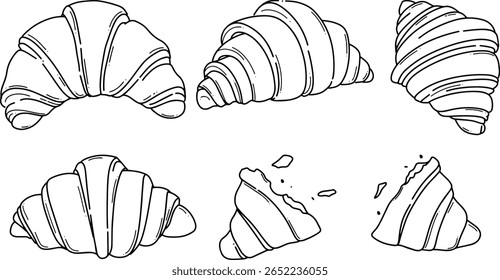 Ilustração vetorial do croissant em estilo de arte em linha. Esboço desenhado à mão e detalhado perfeito para marca de padaria, design de embalagem, menus de café, livros de receitas, blogs de alimentos ou com tema de sobremesa.
