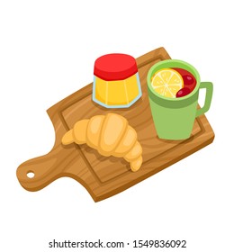 Vector illustration with croissant and mulled wine isolated on white. Color illustration of bakery goods, warm drink and honey for poster label and menu bakery.