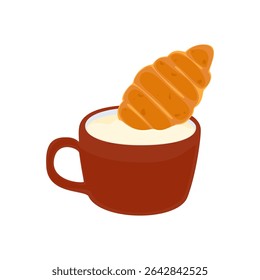 Vector illustration of croissant on a creamy red coffee cup. Warm and cute breakfast concept. Flat cartoon style isolated on background. Perfect for cafe menu, food blog and breakfast themed design.
