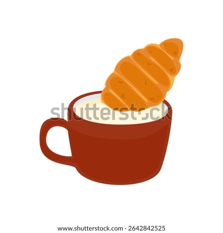 Vector illustration of croissant on a creamy red coffee cup. Warm and cute breakfast concept. Flat cartoon style isolated on background. Perfect for cafe menu, food blog and breakfast themed design.
