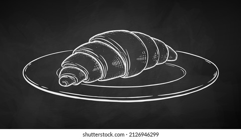 Vector illustration of Croissant on plate. Chalk drawing isolated on chalkboard background.