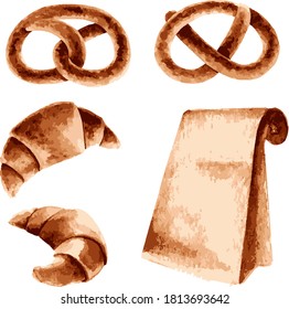 Vector illustration of croissant, pretzel and bag with coffee in beige colors. Cute autumn set for decoration, decor, handicrafts, printing, prints, stickers, etc.
