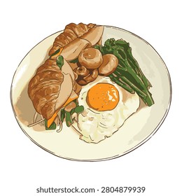 Vector illustration of croissant sandwich served with a sunny side up fried egg, sautéed mushrooms, and green asparagus on a plate