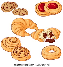 Vector illustration of croissants and bakery products isolated on white background. Food Icon. Design for cookbook, restaurant business. Series of food, drinks and ingredients for cooking.