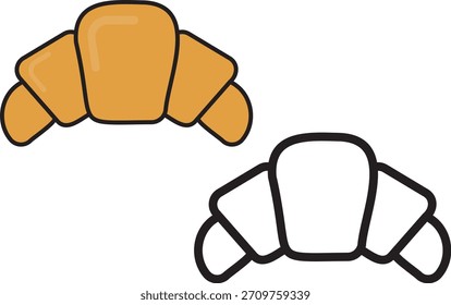 Vektorgrafik von Croissants in Farb- und Konturstilen. Ideal für Bäckereimarken, Frühstückssymbole, Food-Blogs, Malvorlagen und kulinarisch-thematische Designvergleiche oder Bildmaterial.