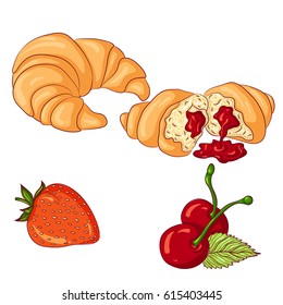 Vector illustration of croissants with fruit jam isolated on white background. Food Icon. Design for cookbook, restaurant business. Series of food, drinks and ingredients for cooking.