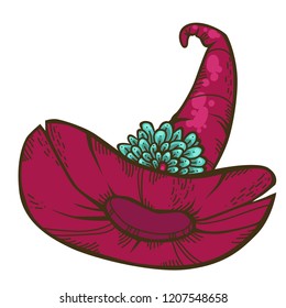 Vector illustration of crooked magic witch hat with big flower. Good for children illustration, stickers, posters, prints for Halloween party.