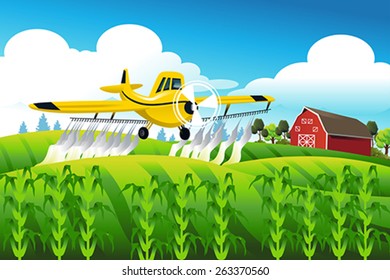 A Vector Illustration Of Crop Duster Flying Over A Field Spraying Pesticide