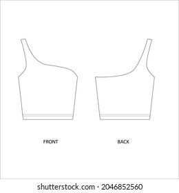 Vector illustration of a crop top. Sleeveless asymmetric top template sketch. Crop top technical drawing. 