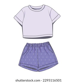 Vector illustration of a cropped t-shirt and shorts with an elastic band. Purple color pajama sketch, vector. Pattern T-shirt and shorts with polka dot pockets.