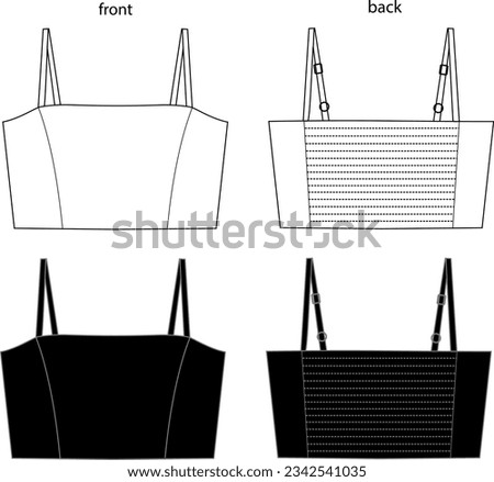 
vector illustration of cropped women's woven blouse with adjustable straps,
blouse blank template and black color drawing
